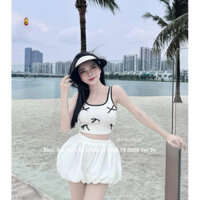 Set áo ba lỗ đính nơ croptop kèm quần bí đùi kate mềm
