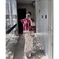 Set Áo Baby Doll Rượu Vang Kèm Chân Váy Dập Ly Hoa Đỏ Sang Chảnh Tôn Da