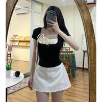 Set áo baby tee len tăm đen ngắn tay ôm body phối bèo cổ nơ buộc ngực phối chân váy chữ A trắng siêu xinh Xương thời tra
