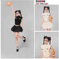 Set áo baby tee ôm body tay hến cổ bèo phối chân váy bí ngắn quyến rũ siêu đẹp - ECCOO