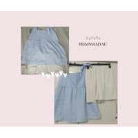 Set Áo Babydoll 2 Dây Kẻ Caro Xanh Xốp Kèm Quần Short Trắng