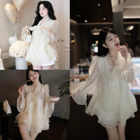 Set áo babydoll cổ v nơ xoè bèo chất voan tơ 2 lớp kèm quần, Áo sơ mi voan tay bồng viền bèo hàn quốc XUYXUY12