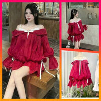 Set áo Babydoll đỏ trễ vai tay phồng, phối 2 dây trắng nơ cổ, rút ngực, dây eo, Dáng xòe tầng kèm quần