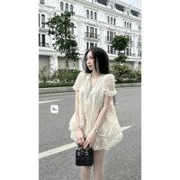 Set áo babydoll ren thêu tay phồng vạt khoét viền cổ chân váy xếp ly lưng chun khóa kéo