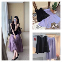 Set áo babydoll sát nách đen + chân váy voan tim midi đi chơi, đi làm nữ tính, nhẹ nhàng ( có sẵn )