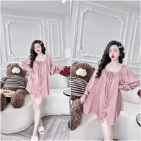 Set áo babydoll tay dài bộ lụa mặc nhà tiểu thư dễ thương chất lụa tơ tằm cao cấp (kèm quần)