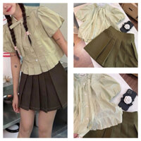 Set áo babydoll xanh pastel + chân váy xếp li rêu đi chơi, dạo phố ( có sẵn )