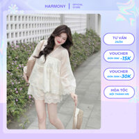 Set Áo Babydoll Xô Ren Hoa Cổ V Kèm Quần Short Lưng Thun Đi Biển