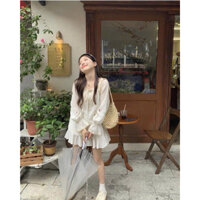 Set áo babydoll xô thêu hoa tay loe viền ren + váy tầng xoè