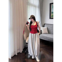 Set áo balo đỏ chun eo chất len zip kèm chân váy nỉ mềm bom dáng dài rút gấu của nữ