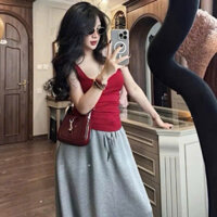 Set Áo Balo Đỏ Tăm Phối Chân Váy Bom Xám Rút Gâud Nữ