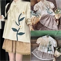 Set áo BBD cổ trụ tay phồng hoa cột nơ + cv xoè phối ren