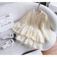 SET ÁO BBD XƯỢC KEM BÈO TAY PHỒNG ĐỤC LỖ + CHÂN VÁY KEM TẦNG BÈO