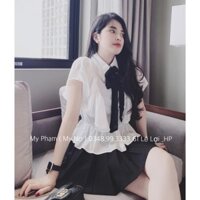 Set áo bèo nơ tay dơi mix chân váy xếp ly