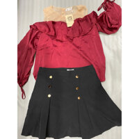 Set áo bèo tay dài thắt nơ chân váy xếp ly trẻ trung