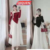 SET ÁO BẸT VAI ĐÍNH NƠ TAY DÀI TÀ NHỌN + CHÂN VÁY VOAN DÀI MIDI CÓ QUẦN BẢO HỘ