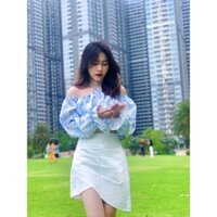 Set áo bẹt vai kèm chân váy chéo tà xếp tầng