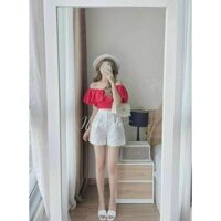 Set áo bẹt vai + quần short trắng