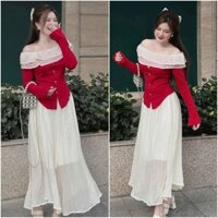 Set áo bẹt vai tay dài cài nút thun tăm lạnh nhung kèm chân váy vải xốp tơ sọc (có lót)