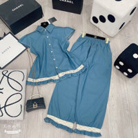 Set áo bò sơ mi phối viền bèo ren quần dài