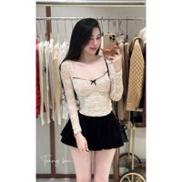 Set áo body ren dài tay cổ vuông nơ mix chân váy nhung xinh lắm,