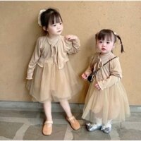 Set áo cadigan + váy liền thân phối voan tiểu thư cho bé gái