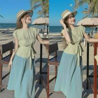 Set áo cài nút thật cột dây eo kèm chân váy dáng dài cho nàng thơ xinh xắn