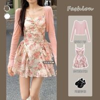 Set Áo Cardigan Croptop Và Đầm 2 Dây Bèo Tầng Dáng Xòe Ôm Eo Họa Tiết Hoa Hồng Đính Cúc Ngọc Xinh Xắn, Ngọt Ngào