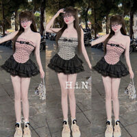 Sét áo caro cúp ngực kèm chân váy tầng