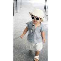 Set áo caro xanh và quần linen trắng Nanciroom hanoi