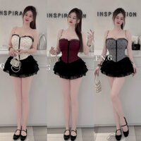 Set áo chấm bi cúp ngực phối viền ren mix chân váy tơ tầng