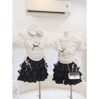 SET ÁO CHẤM BI ĐÍNH NƠ CỔ BÈO + CHÂN VÁY ĐEN TẦNG 🌼🌼🌼