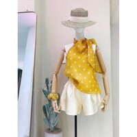Set áo chấm bi vàng cổ nơ + quần gấm tắc ta