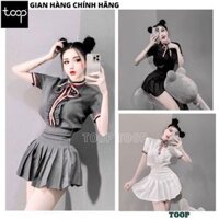 Set Áo Chân Váy, Áo ngắn tay nơ cổ bèo ngực, viền tay áo Phối Chân Váy Xếp Ly Ngắn, kiểu dáng hiện đại TOOPMALL SV60