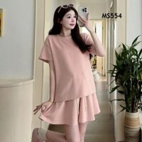 Set áo chân váy bầu ngắn màu xám, hồng, váy bầu thun năng động, mặc đi chơi, áo thun đính kim tuyến[ĐẦM BẦU THỎ]MS554