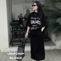 set áo chân váy dài,áo ngắn tay nữ form rộng mix chân váy suông dài xẻ tà C437