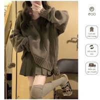 Set áo chân váy ngắn set áo len nữ có mũ chân váy xòe nâu vintage retro eooshop S07