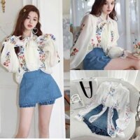 Set Áo chất QC Tơ ánh kim in hoa, phối ren cột nơ kèm lót trong, quần Jean giả váy