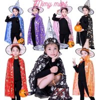 Set áo choàng phù thủy kèm mũ nhọn hóa trang lễ hội haloween và giỏ bí ngô