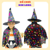 SÉT ÁO CHOÀNG VIỀN VÀNG VÀ NÓN HOA VĂN 7 MÀU HÓA TRANG PHÙ THỦY 80CM CHO TRẺ EM TRANG PHỤC HÓA TRANG HALLOWEEN SẴN HCM