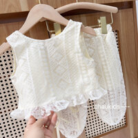 Set áo chun eo cột dây nơ lưng, quần ống bom xinh xắn cho bé gái