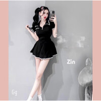 Set áo cổ bâu viền chân váy xoè nhẹ