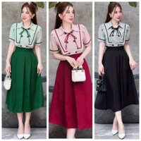 Sét Áo Cổ Bẻ Thủy Thủ Chân Váy Xòe Cực Xinh Cho Nữ (Size L/XL/XXL 60-95kg), Chất Kate Cotton Lạnh, 3 Màu Đen Đỏ Xanh💥