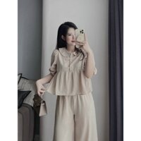 Set áo cổ bèo phối quần ống suông, Set áo sơ mi mix quần ống rộng, Set bộ áo quần be xinh xẻo_T20_Peony