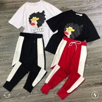 Set áo cô gái tóc xù quần thun sọc
