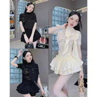 SET ÁO CỔ LỌ REN NƠ BẢN + CHÂN VÁY XOÈ XIU XINH