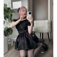 Set áo cổ lọ tay ngắn+chân váy nơ eo