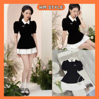 Set áo cổ phối sơ mi tặng nơ đá kèm chân váy trắng 2 lớp, set bộ đồ nữ thanh lịch sang chảnh mặc dự tiệc đi chơi HB239