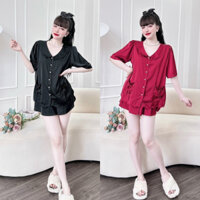 SET ÁO CỔ SEN 2 TÚI NƠ LAI BÈO + QUẦN SHORTS MẶC NHÀ SIÊU CUTE ĐEN ĐỎ