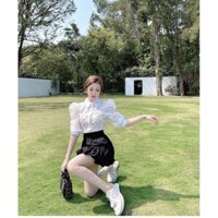 Set áo cổ sơ mi nơ sau kèm chân váy